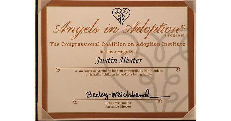Justins Hester's Angels in Adoption Certificate